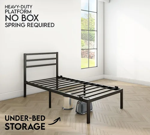 Vista 4 de Golden Gate - Base de cama de metal con cabecero, listones de acero resistente, no requiere somier, sin ruido, fácil montaje, diseño minimalista