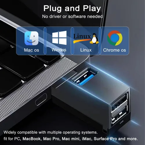 Vista 4 de VIENON Adaptador USB de 3 puertos, concentrador USB 3.0, divisor USB-A 1 a 3 para teclado, disco duro móvil, disco U, cámara, ratón, etc