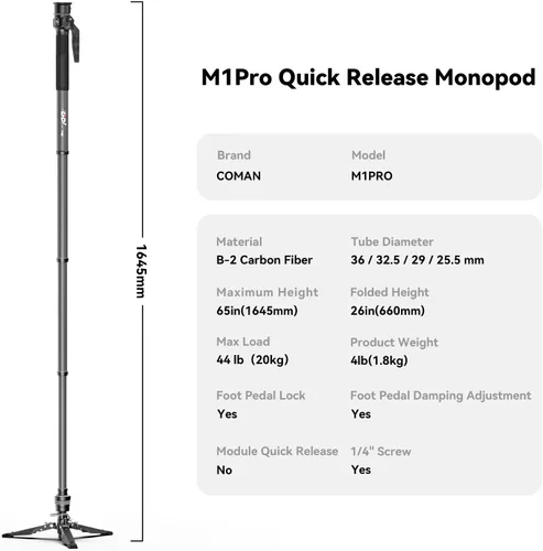 Vista 8 de COMAN M1pro Monopod de fibra de carbono de 65 pulgadas para cámara, monopie de liberación rápida de elevación con un solo clic con pies, compacto