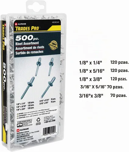 Vista 2 de Tradespro 836341 remaches de aluminio surtidos, 500 piezas, varios tamaños