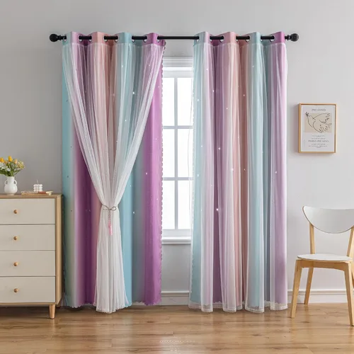 Vista 11 de Cortinas opacas con recortes de estrellas para dormitorio de niñas y niños, cortina de doble capa con aislamiento térmico y superposición