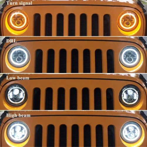 Vista 6 de Par 7 pulgadas LED faros con blanco halo anillo ángel ojos+ámbar señal de giro halo para Jeep Wrangler JK TJ CJ Hummer H1 H2 Miata
