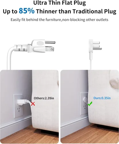 Vista 4 de NTONPOWER - Cable de extensión plano de 25 pies, regleta de alimentación de enchufe plano con 3 tomas, 4 puertos USB (2 USB C), cable de extensión