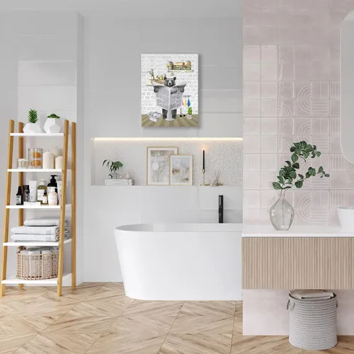 Vista 4 de Fuzawet Arte de pared de oso para decoración de baño, lienzo de lectura de periódico, negro en el inodoro, imágenes divertidas de animales