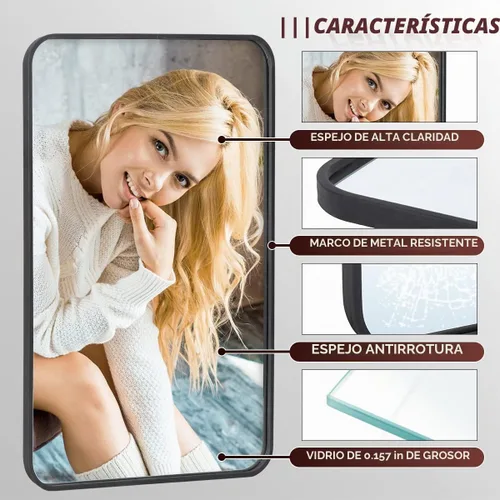 Vista 3 de ZenStyle Espejo de pared rectangular con marco de metal negro de 24 x 36 pulgadas, espejo de baño con borde de pico para entradas, salas de estar