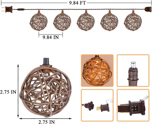 Vista 3 de Vigdur Luces de Cadena de Bolas de Ratán, Luces de Cadena de Linterna Boho con 10 Bombillas LED Conectables, Luces de Cadena para Interiores