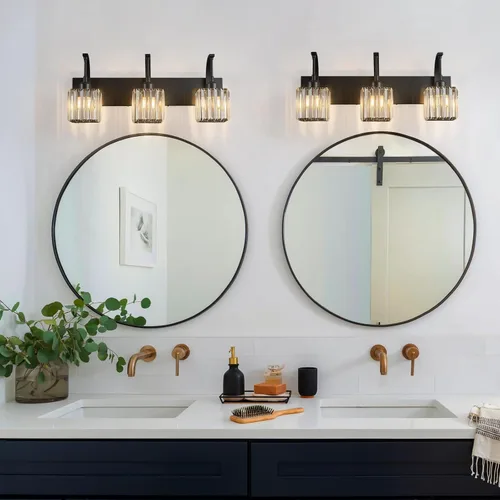 Vista 3 de Luces de tocador de cristal de 3 luces negras para tocador de baño, modernas lámparas de baño de cristal sobre espejo de 23.62 pulgadas de largo