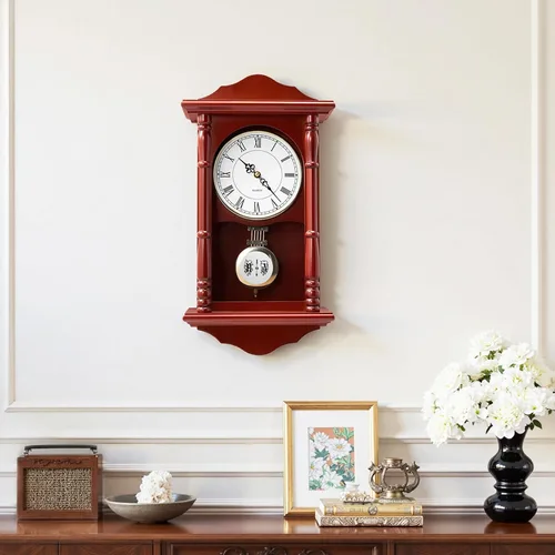 Vista 8 de VEVOR Reloj de pared vintage de abuelo, reloj de pared de madera de pino de 18 pulgadas con péndulo, relojes de pared de MDF con movimiento