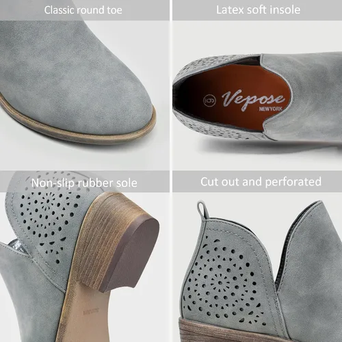 Vista 3 de VEPOSE botas al tobillo para mujer con tacón bajo y grueso, con perforaciones, botas de vaquero