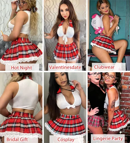 Vista 3 de Avidlove Conjunto de lencería sexy de dos piezas de encaje para mujer, conjunto de lencería con lazo superior y minifalda plisada