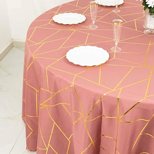 Vista 8 de Balsa Circle Mantel redondo de poliéster con diseño geométrico metálico de 120 pulgadas, color canela y oro rosa Rosa canela