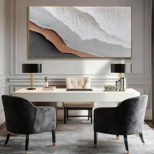 Vista 2 de Arte de pared blanco texturizado, arte abstracto gris, imágenes modernas enmarcadas grandes, pintura al óleo de paisaje ondulado, 24 x 48 pulgadas