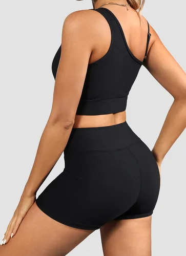 Vista 5 de Conjuntos de entrenamiento para mujer, trajes de 2 piezas, un hombro, sin costuras, brasier deportivo de cintura alta, pantalones cortos