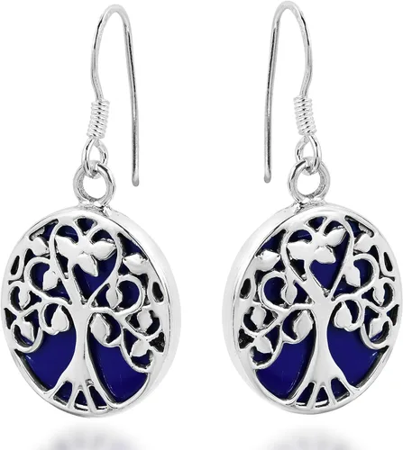 Vista 2 de Pendientes colgantes de plata de ley 925 con diseño de árbol de la vida con acentos de lapislázuli azul simulados
