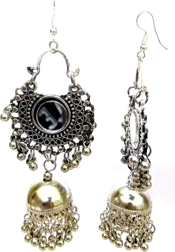 Vista 2 de DESI HAWKER Pendiente oxidado de plata Bali Jhumki Jhumka Joyería Bollywood gota cuelgan largo Chandbali Afghani Araña NI-133, Metal