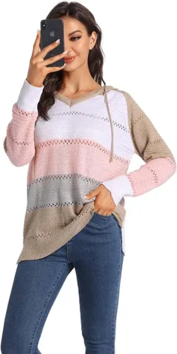 Vista 7 de Sudaderas con capucha de punto de bloque de color para mujer, cuello en V, cordón ligero, sudaderas con cremallera