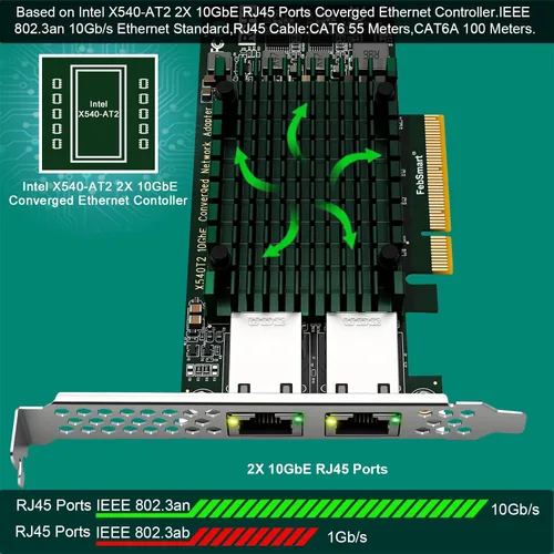 Vista 2 de Interfaz PCIE X8 a 2 puertos RJ45 de 10 Gbps, controlador Ethernet Intel X540-AT2, 2 tarjetas NIC PCIE de interfaz RJ45 de 10GbE, adaptador de red