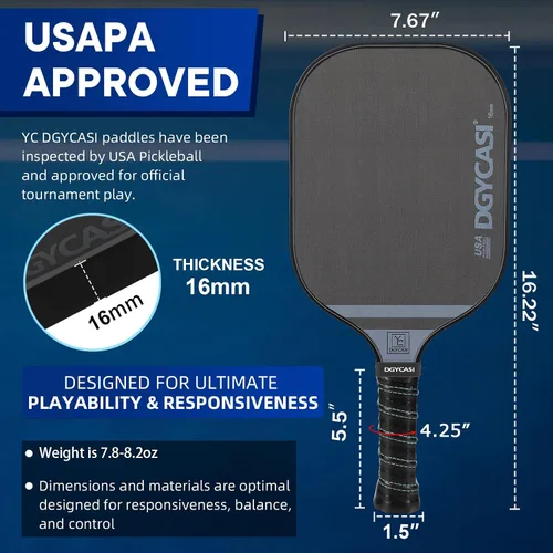 Vista 3 de YC DGYCASI Paletas profesionales de pickleball de 0.630 in, aprobada por USAPA 2025 T700 remo de fibra de carbono (CFS), núcleo de panal ligero