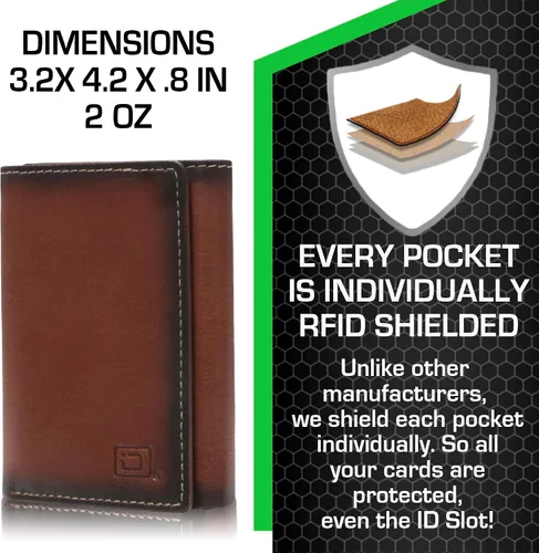 Vista 3 de Billetera triple con bloqueo RFID para hombre, piel auténtica de búfalo, marrón, (Antiqued Brown), Cartera RFID