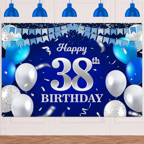 Vista 83 de Bandera de feliz primer cumpleaños con fondo azul marino, globos, confeti, bandera de rayas, luces de puntos, felicitaciones por el tema de 1 año