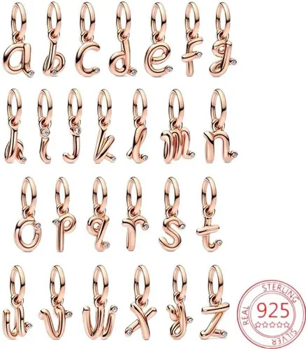 Vista 6 de BEEUVIP Dijes de oro rosa con 26 letras, plata de ley 925 para pulseras Pandora, cuentas iniciales del alfabeto, regalo de joyería para mujeres