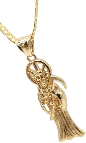 Vista 5 de Ray Jewelry - Collar chapado en oro de 14 quilates con colgante de La Santa Muerte, eslabones marineros, 22 pulgadas de largo, 1.575 x 0.591 in