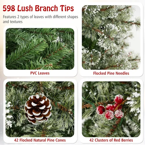 Vista 4 de Goplus Árbol de Navidad artificial preiluminado de 6 pies, árbol de Navidad con bisagras con conector de alimentación rápida de 360°, 350 luces LED