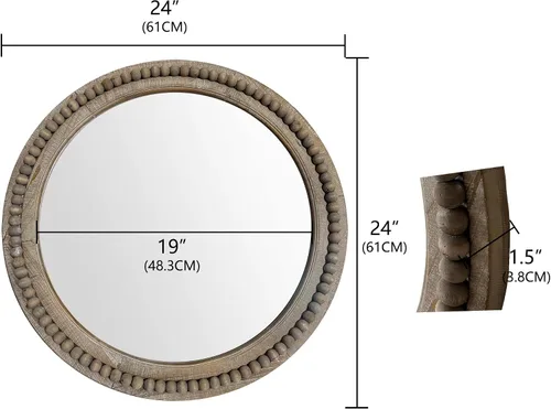 Vista 3 de Espejo circular de pared de madera redondo rústico de 24 pulgadas con cuentas, espejo decorativo de granja para sala de estar, dormitorio, cocina