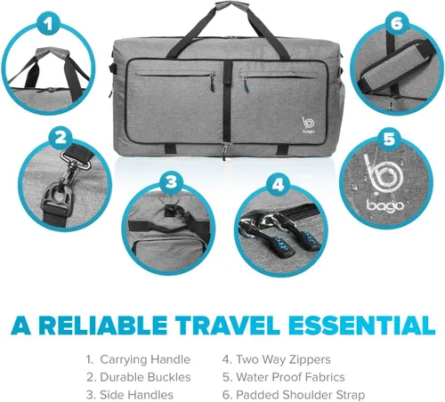 Vista 8 de Bago Bolsa de viaje para hombre y mujer, ligera, plegable, bolsa de lona para equipaje de 15.85 gal, 21.13 gal, y 26.42 gal (60 L, 80 L y 100 L)