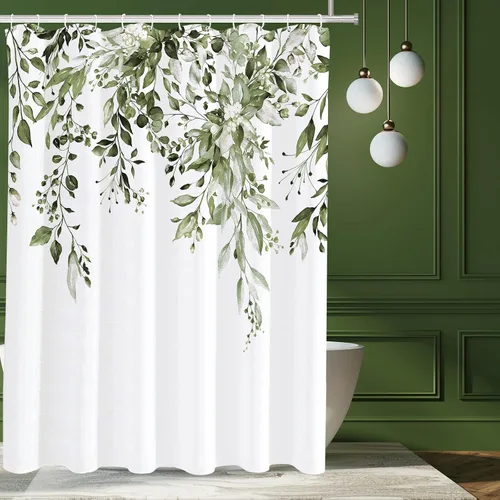 Vista 114 de Tititex - Juego de cortinas de ducha de eucalipto negro, hojas de acuarela gris en la parte superior, con decoración floral de baño, 60 x 72
