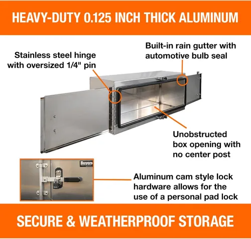 Vista 4 de Buyers Products 1762600 Caja de Herramientas de Aluminio Liso para Debajo de la Carrocería del Camión con Cerradura de Leva de Acero Inoxidable