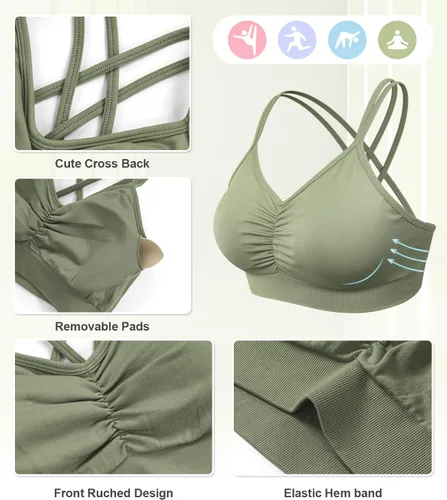 Vista 5 de VEQKING Brasier deportivo con espalda cruzada para mujer, brasier deportivo fruncido, soporte medio, brasier de yoga con relleno extraíble
