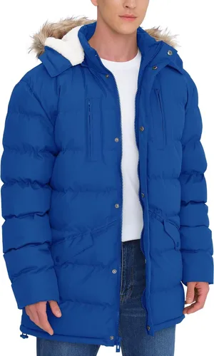 Vista 7 de Abrigos largos de invierno para hombre, cálidos, resistentes al agua, inflados, con capucha, cortavientos, aislados, chaquetas acolchadas Azul