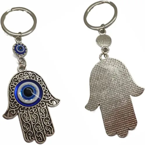 Vista 6 de UQUABESO Llavero Hamsa de cristal de ojo malvado, dije de diamantes de imitación, llavero de mano de Fátima para bolso, bolso, llavero de buena