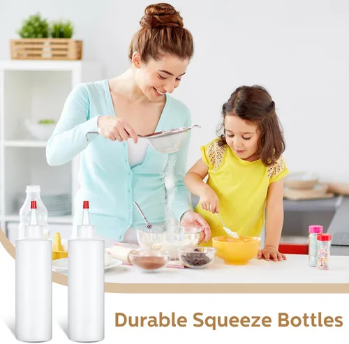 Vista 6 de Jinei Paquete de 60 botellas de plástico de 8 onzas, botellas transparentes para exprimir condimentos con tapa de punta roja, recipiente vacío