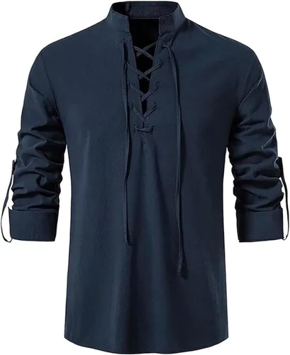 Vista 9 de Camisas de manga larga para hombre, estilo retro, con cordones para disfraz medieval, vikingo, hippie, Halloween, cosplay, pirata, renacentista
