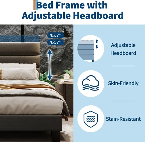 Vista 4 de Garvee Base de cama de plataforma Queen con cabecera ajustable, tapizado de tela y soporte de listones de madera, base de colchón resistente,