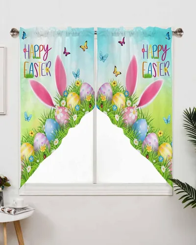 Vista 3 de BEMIGO Cenefas con estampado de huevos de Pascua, decoración de cocina, con orejas de conejo, bolsillo para barra, aislamiento térmico y lavable Rosa
