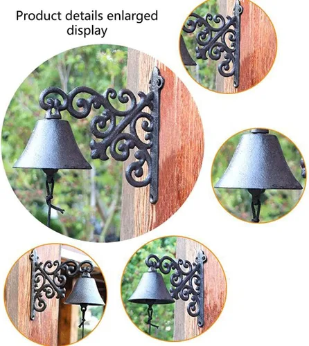 Vista 5 de Colgante de jardín al aire libre, campana rústica antigua de hierro fundido grande montado en la pared, timbre de metal para decoración fuera