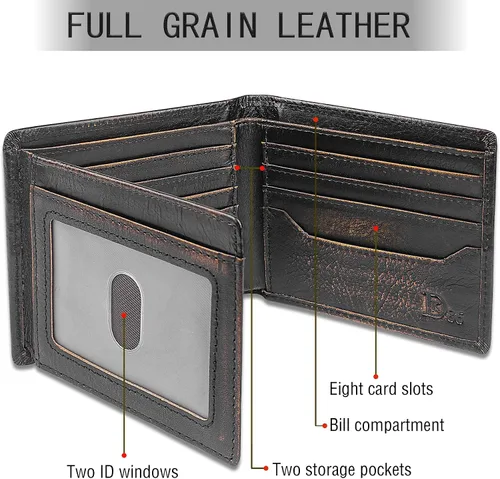 Vista 3 de DK86 Billetera plegable de piel auténtica para hombre, bloqueo RFID, capacidad adicional, múltiples ranuras para tarjetas con 2 ventanas