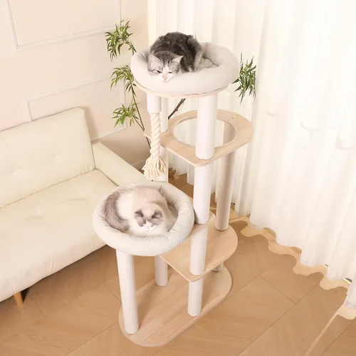 Vista 6 de Árbol moderno para gatos de 59 pulgadas, torre grande de varios niveles, árbol de madera resistente para gatos con hamaca, poste rascador de algodón
