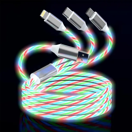 Vista 9 de Cable de carga con luz LED que fluye 3 en 1 Lightning/Type C/Micro USB brillante para automóvil para iPhone, cable de carga para automóvil azul