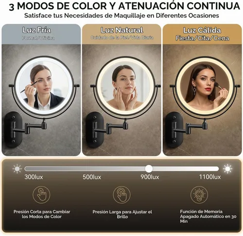 Vista 5 de Auxmir Espejo de maquillaje montado en la pared 1X/30X, espejo de aumento 8 in - negro