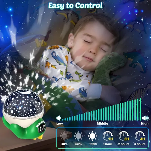 Vista 5 de Proyector de luz nocturna de dinosaurio para niños, juguetes verdes de dinosaurio para niños, luces de estrella con música y temporizador, lámpara