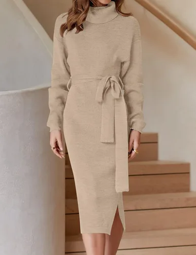 Vista 25 de ZESICA - Vestido por debajo de la rodilla de suéter, de cuello alto, para mujer, de manga larga, de punto acanalado, con abertura y cinturón