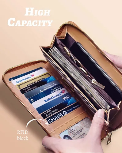 Vista 2 de Cartera para mujer con tarjetero para tarjetas de crédito, bolsillos para dinero, correa de pulsera, monedero con bloqueo RFID, gran capacidad