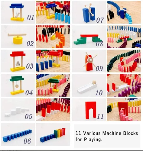 Vista 4 de Set de 1000 piezas Dominó de madera para niños, bloques de construcción, juegos de carrera con bolsa de almacenamiento Lewo