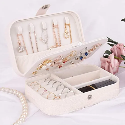 Vista 5 de Ychengcom Joyero pequeño, mini joyero portátil de viaje, doble joyero, caja de almacenamiento de joyería, collar, pulsera, aretes, novia, esposa