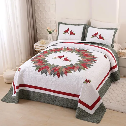 Vista 2 de vctops Juego de edredón acolchado de algodón navideño de 3 piezas (pájaros, Queen extragrande) Juego de ropa de cama de retazos con diseño
