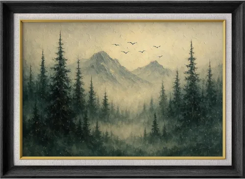 Vista 271 de MUDECOR Lienzo enmarcado prémium para pared, pinos nevados en bosque de invierno, ilustraciones modernas, arte contemporáneo, escénico, divertido